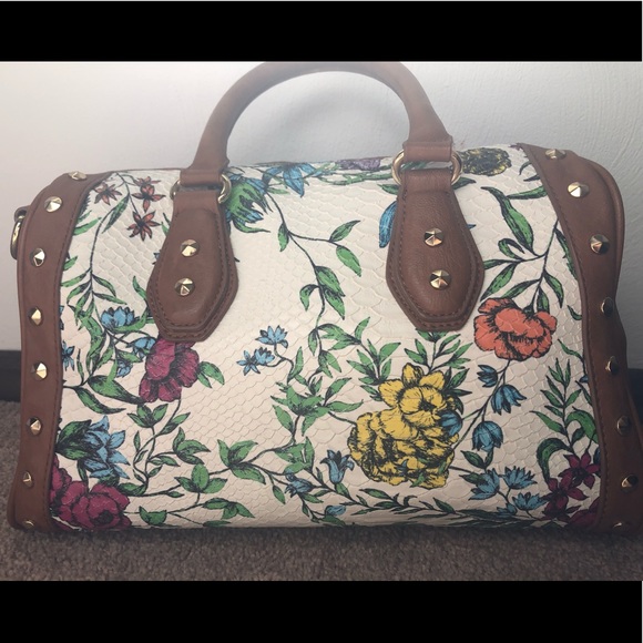 White and tan floral print handbag with gold stone - Picture 2 of 7